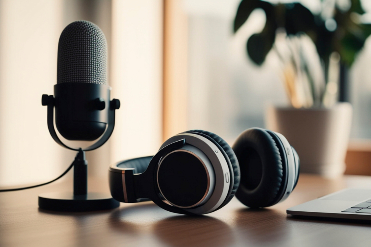 Microphone on a desk next to some headphones and a laptop getting ready to record a podcast